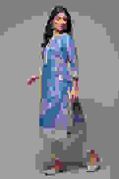 Blue Cotton Straight Printed Kurta image number 3