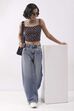 Black & Blue Cotton Floral Tie-Up Back Crop Top image number 0