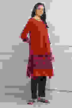 Red Cotton A-Line Kurta Pants Set image number 5