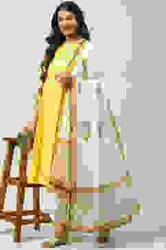 Yellow Cotton Flared Kalidar Kurta Slim Pant Suit Set image number 0