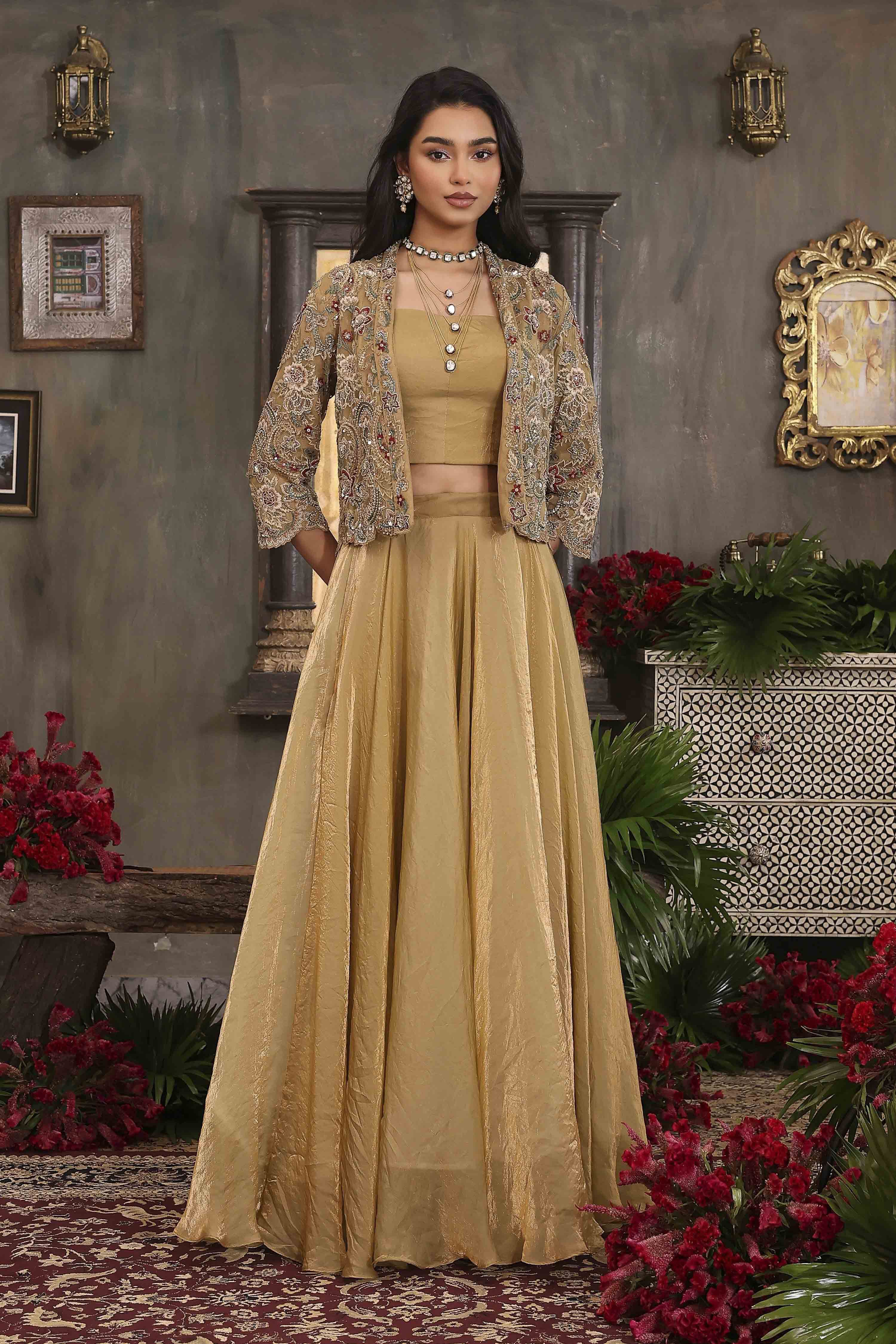 Gold Art Silk Regular Lehenga Set image number 6