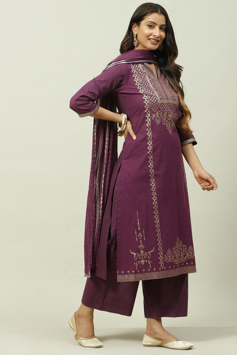 Navy Cotton Straight Kurta Palazzo Suit Set image number 5
