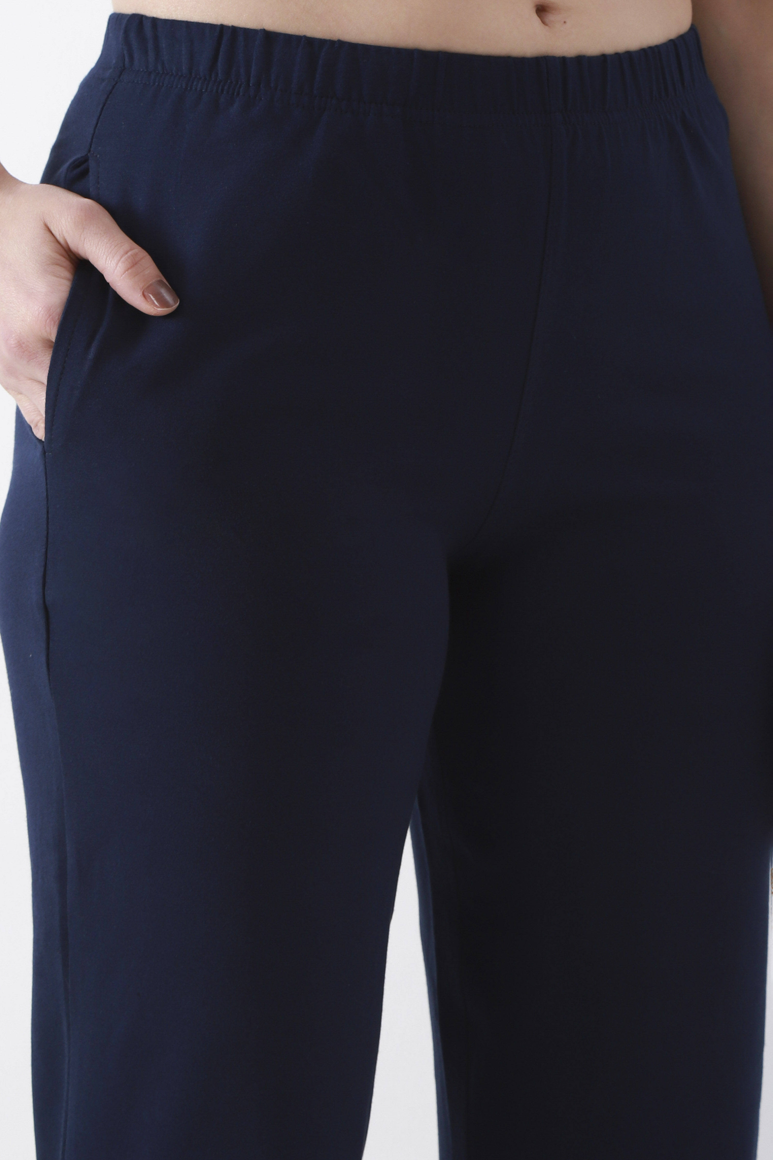 Navy Blue Solid Cotton Lycra Straight Pants image number 1