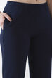Navy Blue Solid Cotton Lycra Straight Pants image number 1