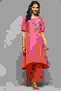 Pink Rayon Asymmetric Kurta Palazzo Suit Set image number 6