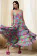 Turquoise Cotton Floral Printed Tiered Dress image number 6