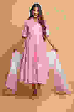 Light Pink Cotton Flared Kurta Churidar Suit Set image number 6
