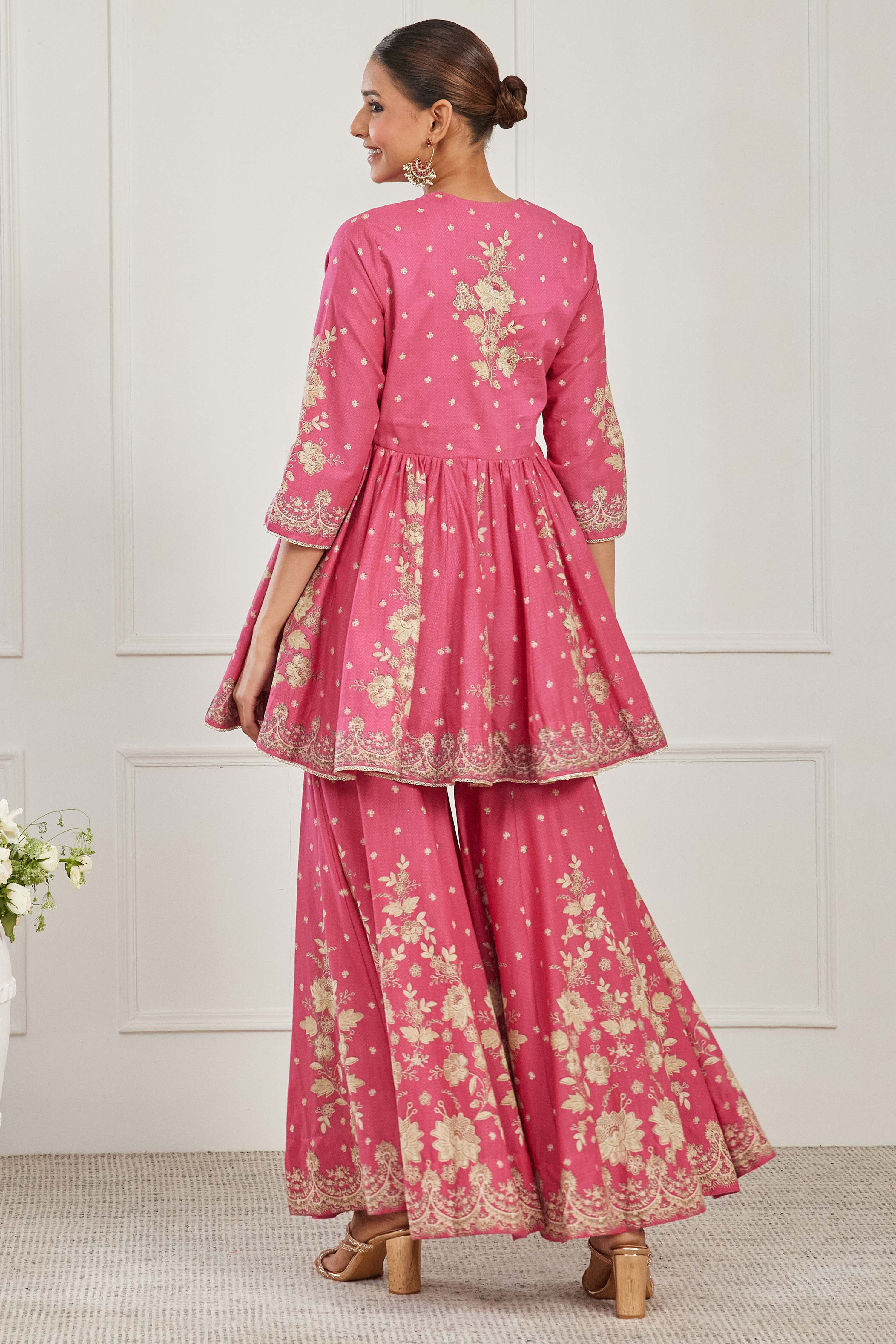 Pink Cotton Floral Embroidered Garara Kurta Set image number 5