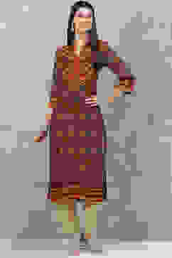 Rust Bottle Green Rayon Straight Printed Kurta image number 5