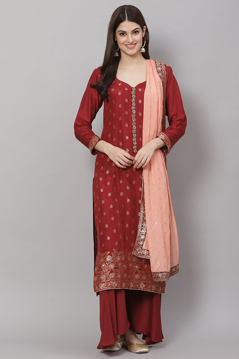 Off White Chanderi Machine Embroidered Unstitched Suit Set image number 5