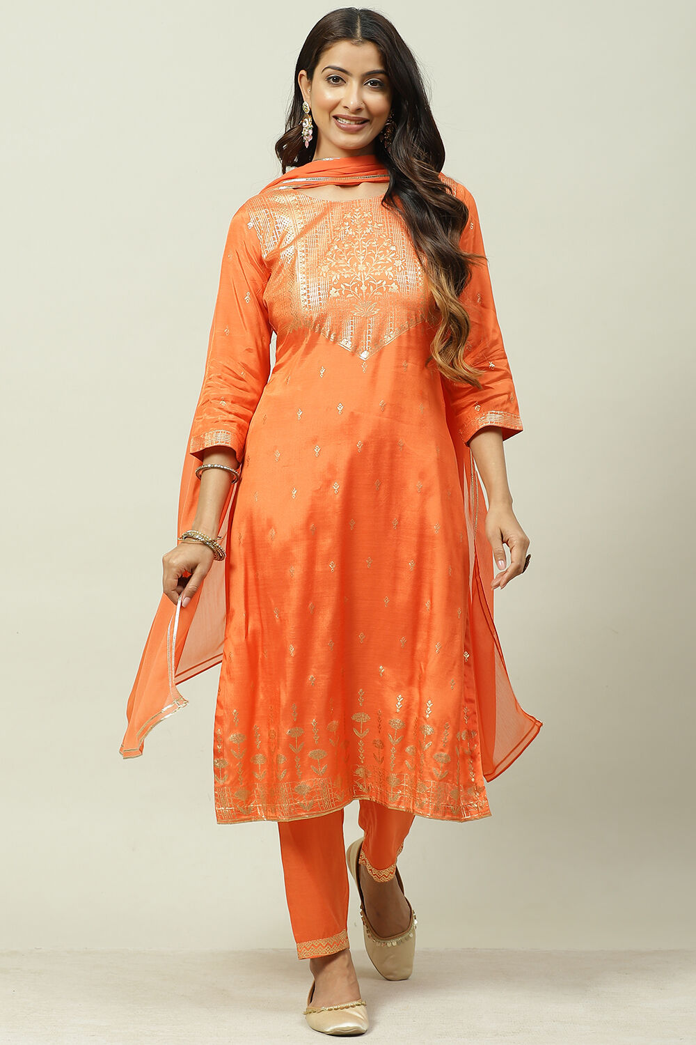 Orange Printed Viscose Straight Kurta Regular Pants Suit Set image number 0