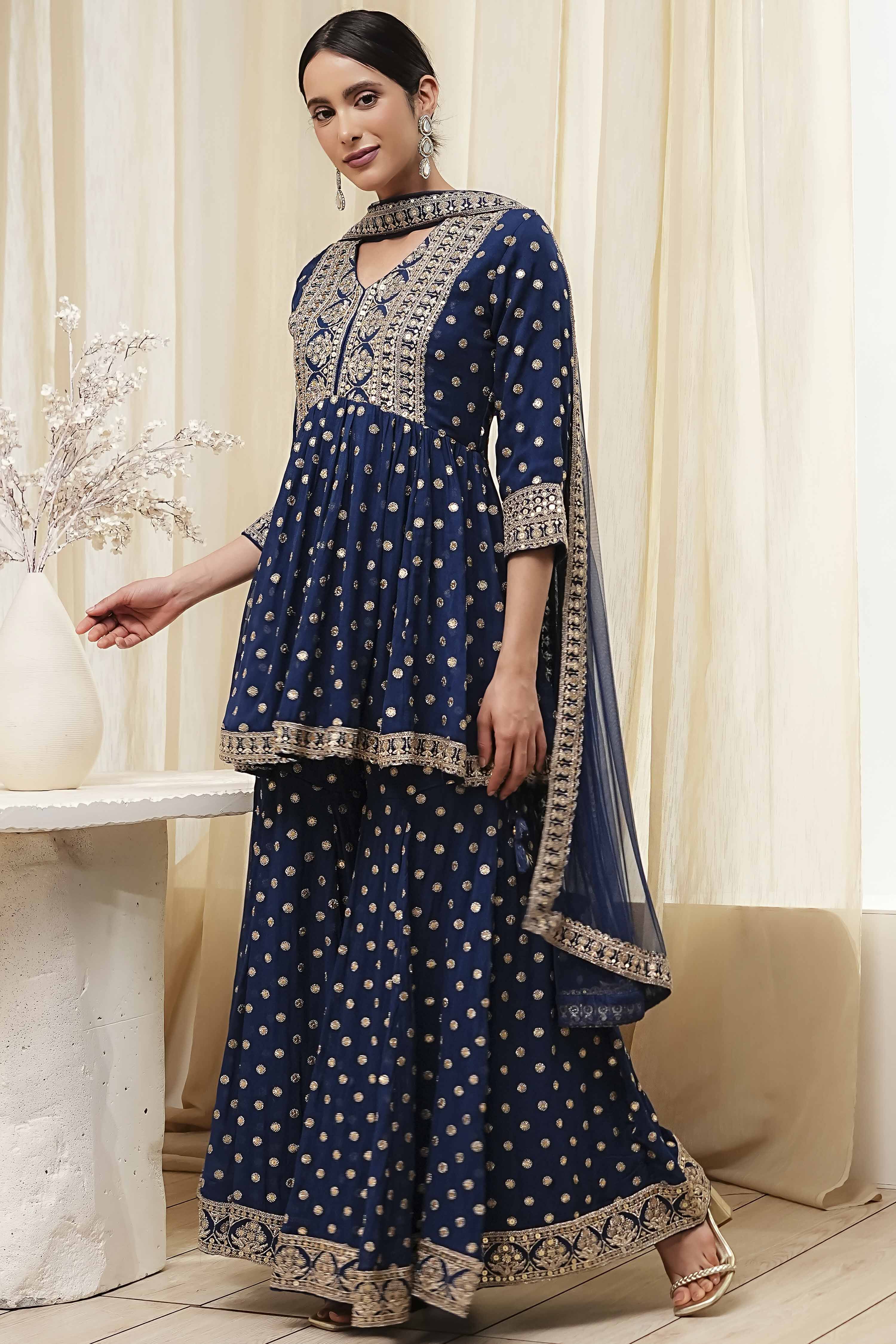 Teal Blue Georgette Embroidered Peplum Suit Set image number 4