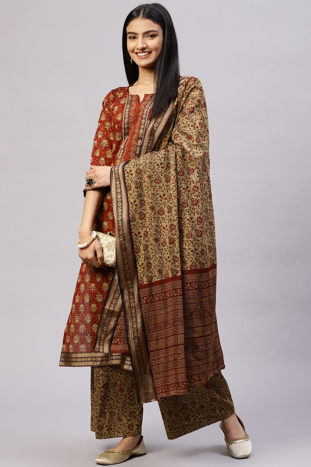Red Cotton Woven Unstitched Suit Set image number 7