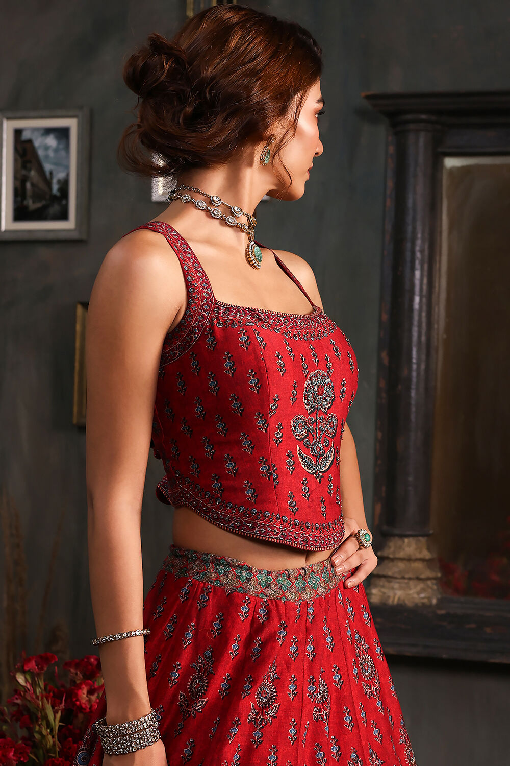 Red Chanderi Printed Fitted Lehenga Set image number 1
