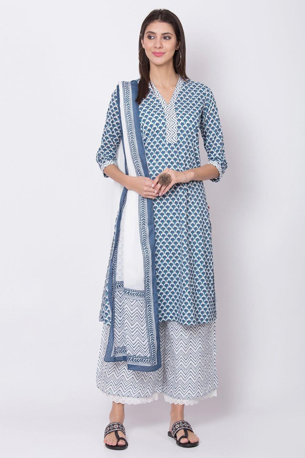 Blue Printed Straight Kurta Palazzo Suit Set image number 0