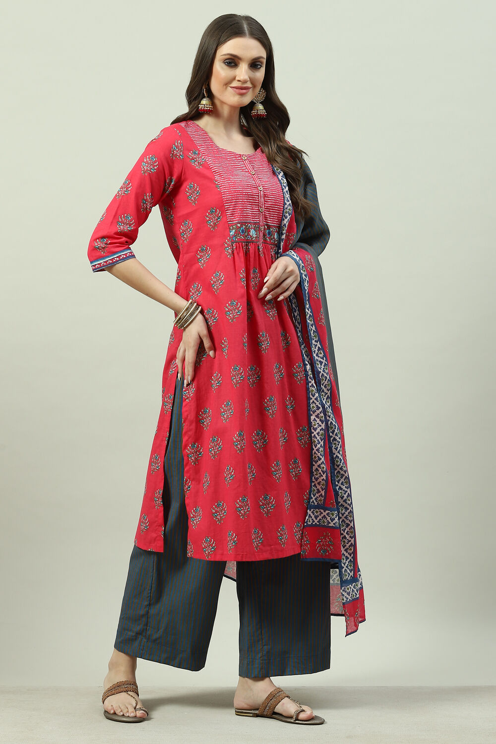 Blue Cotton Straight Suit Set image number 3