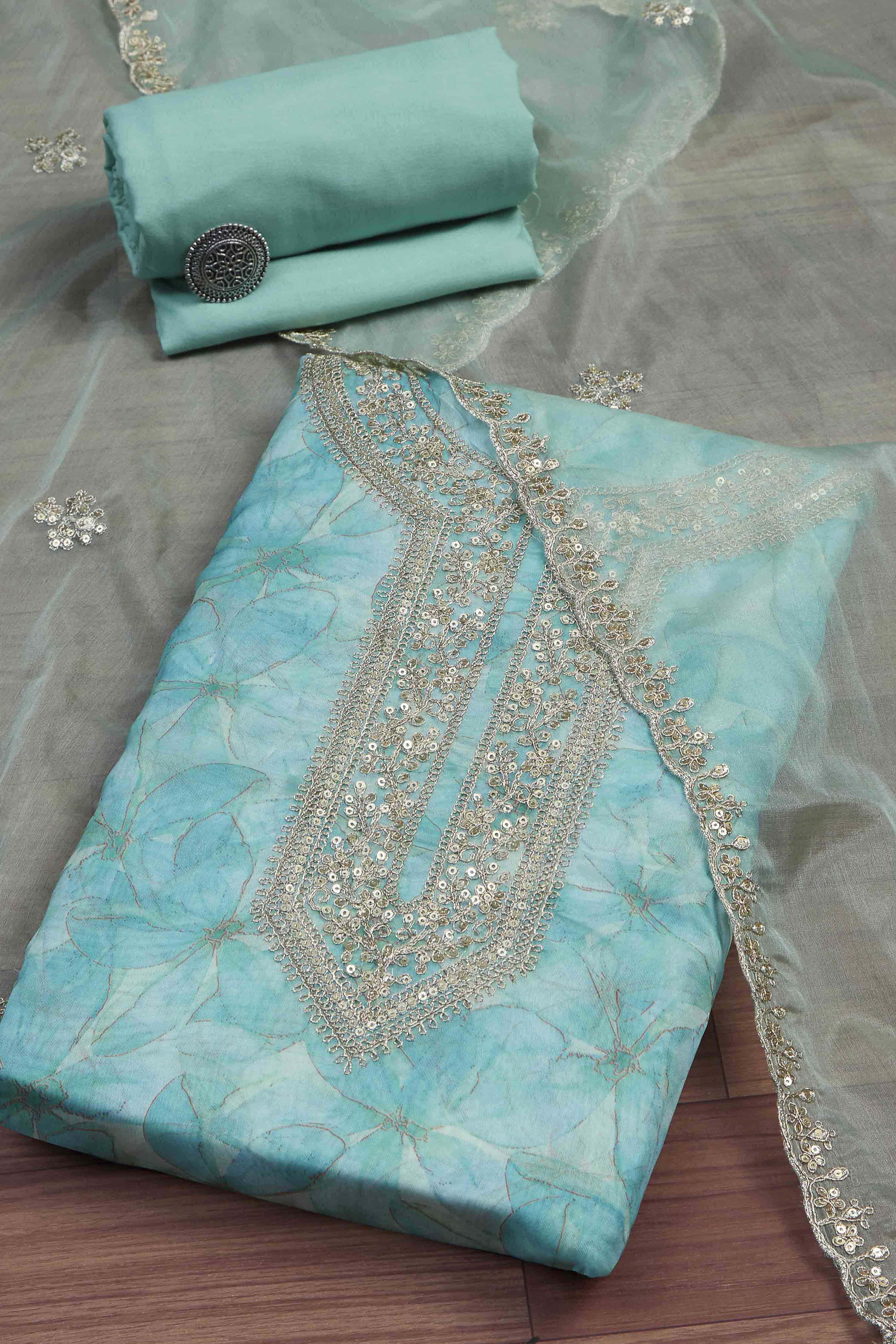 Blue Organza Rajasthani Print Unstitched Suit Set image number 0