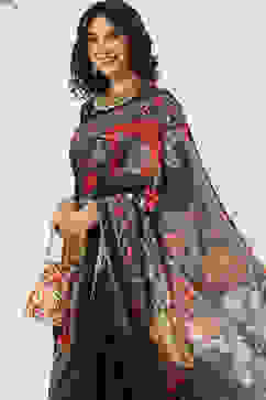 Rohit Bal Black Chanderi Silk Printed Saree With Blouse image number 4