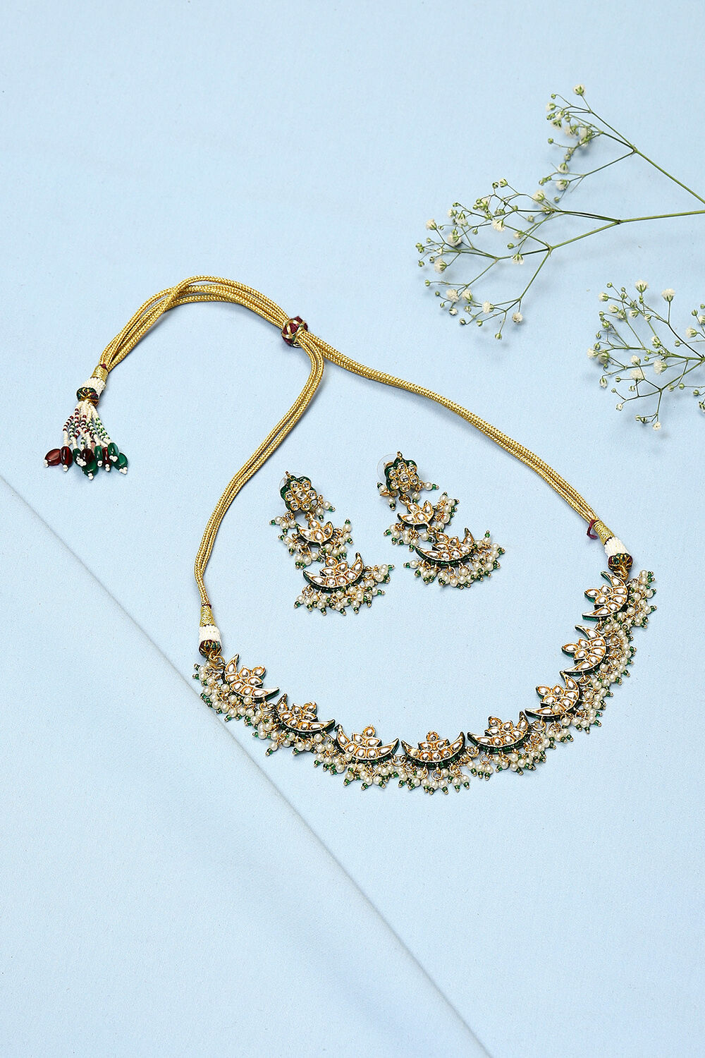 Gold & Green Brass Necklace Set image number 0
