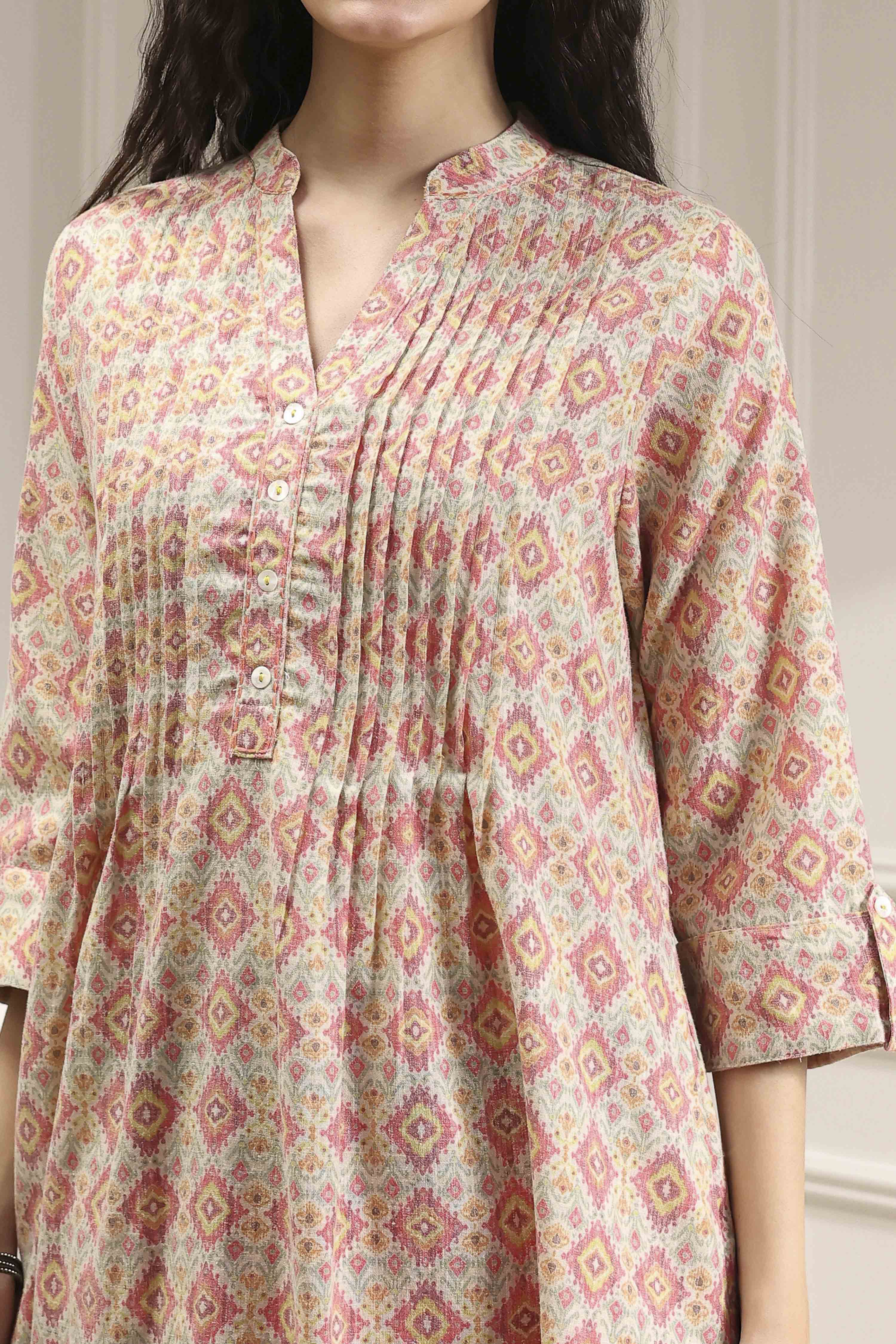 Blue Cotton Printed A-Line Kurta image number 1