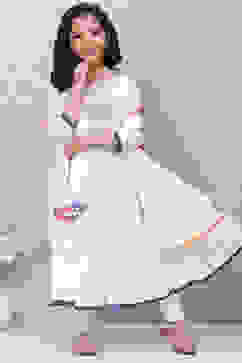 Off White Cotton Tiered Kurta Churidar Suit Set image number 7