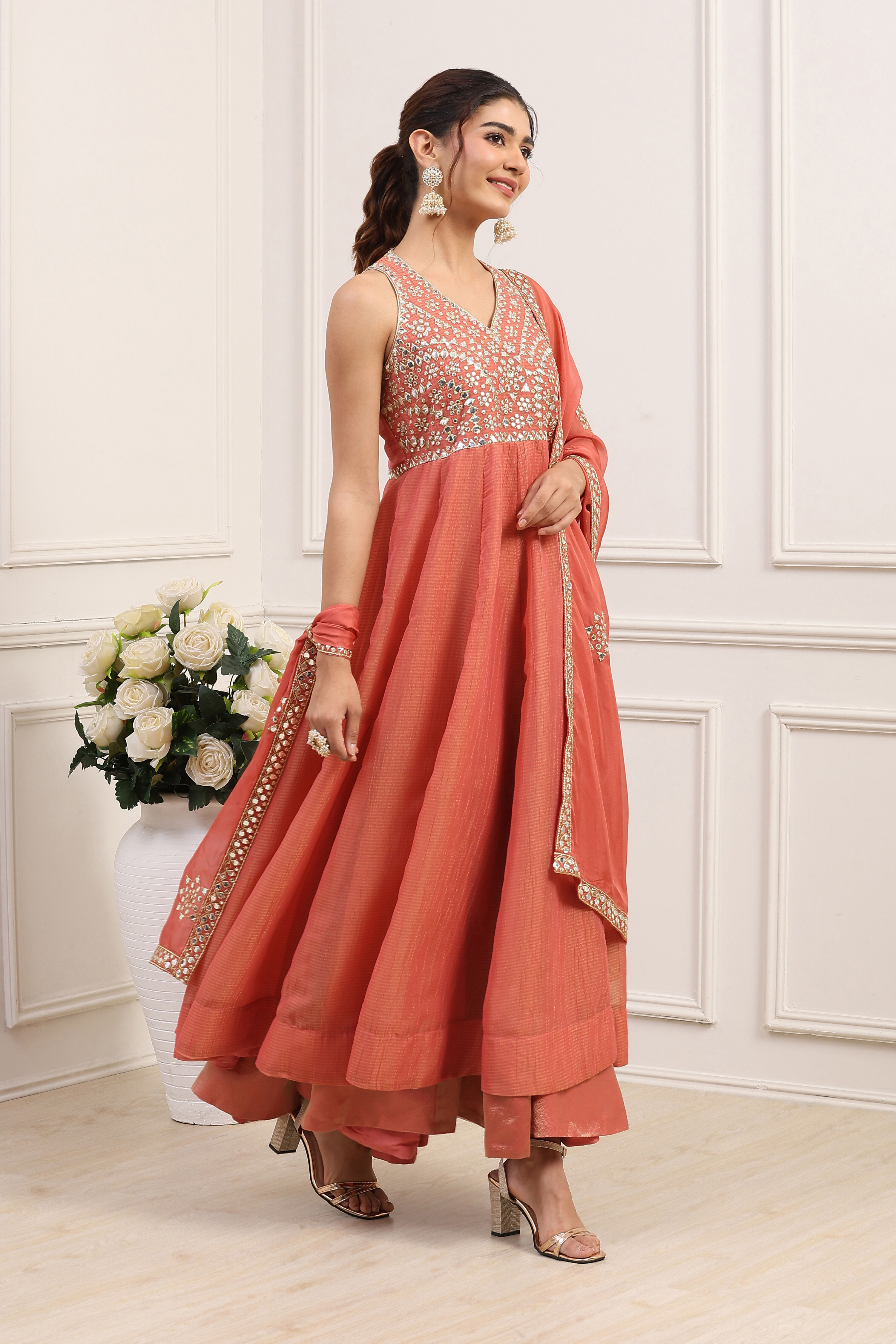 Coral Pink Poly Tissue Mirror Work Anarkali Dress With Dupatta image number 4