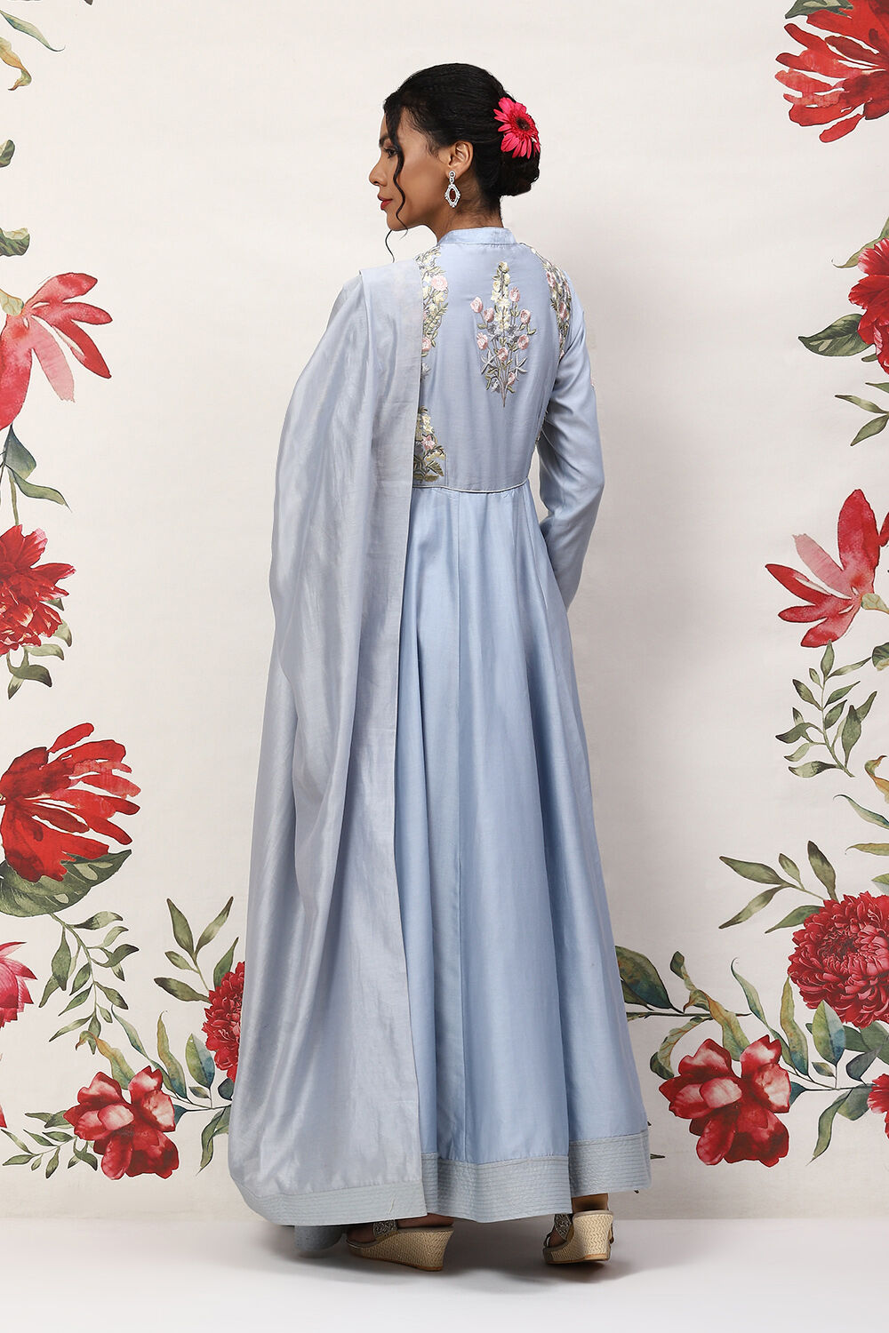 Powder Blue Cotton Blend Anarkali Kurta Suit Set image number 4