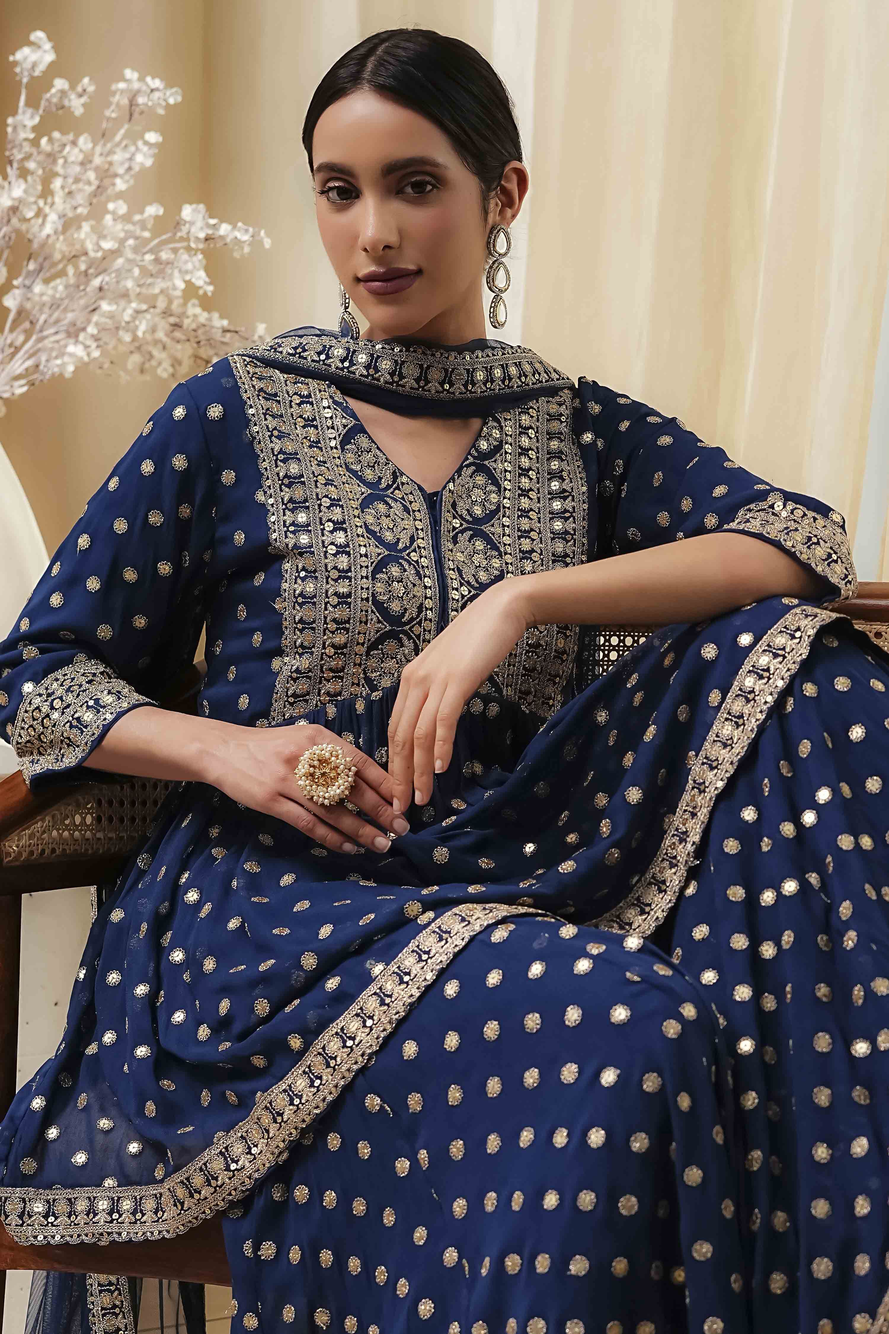 Teal Blue Georgette Embroidered Peplum Suit Set image number 8