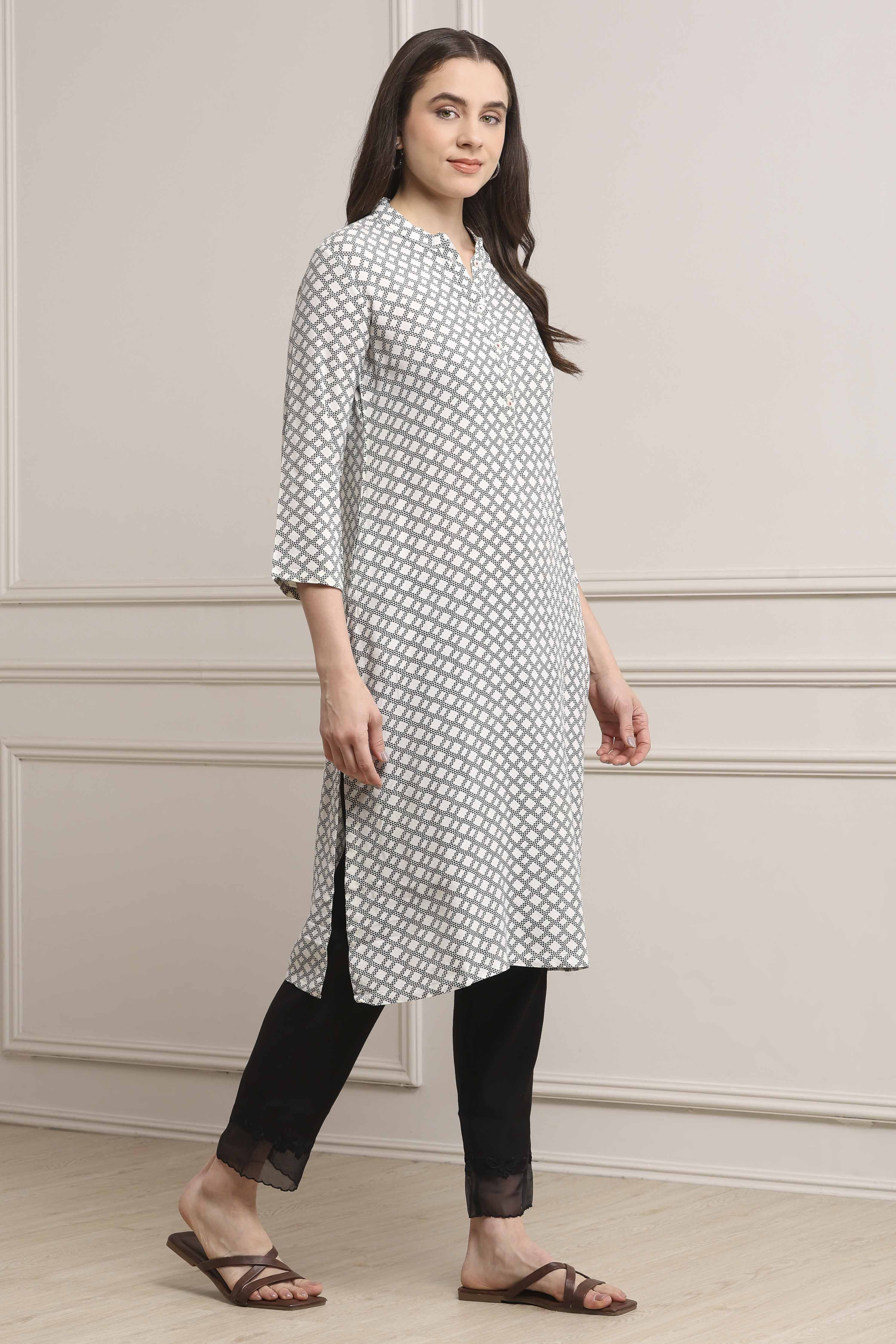 Black-White Viscose Rayon A-Line Kurta Pants Set image number 5