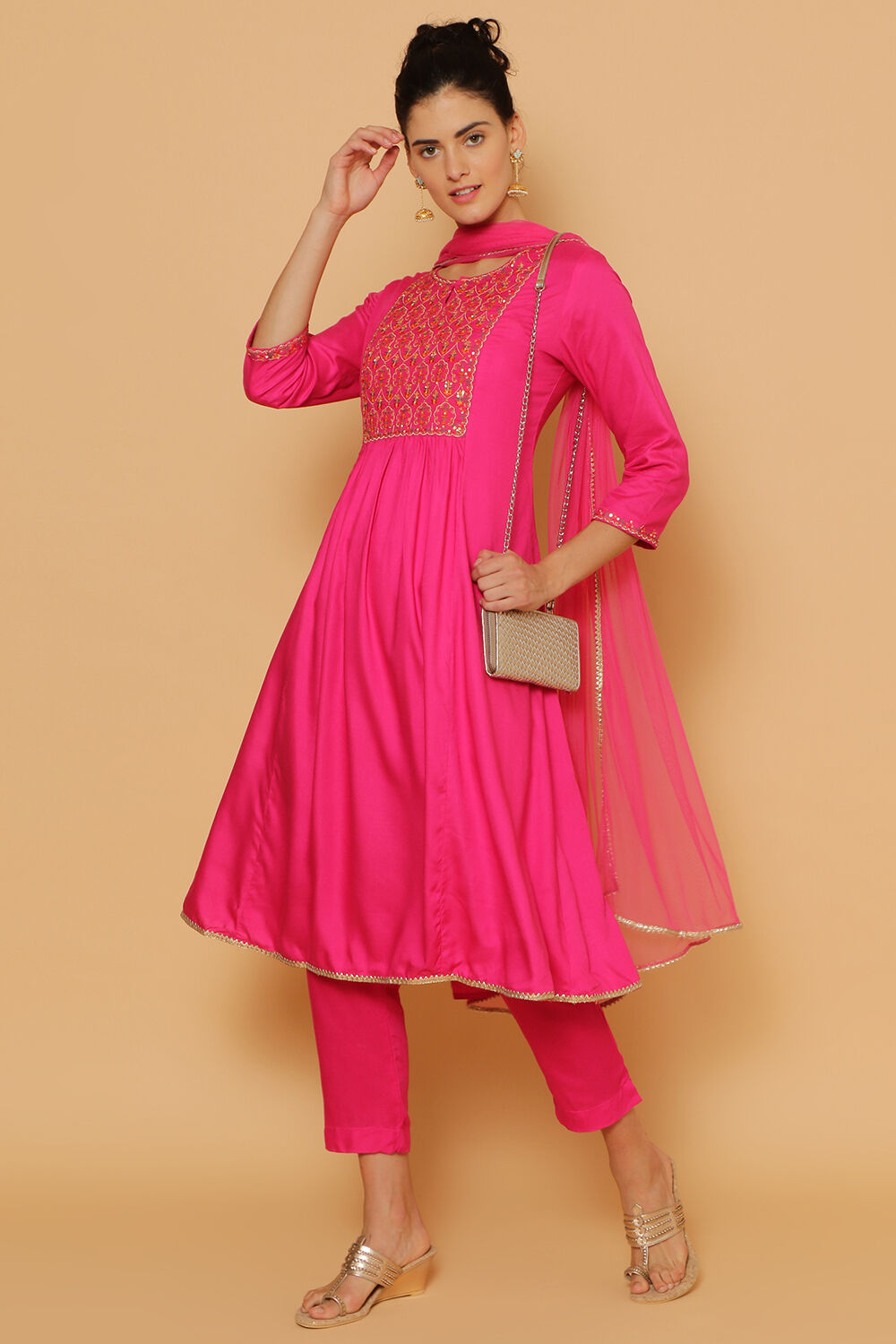 Pink Rayon Kalidar Kurta Slim Pant Suit Set image number 0