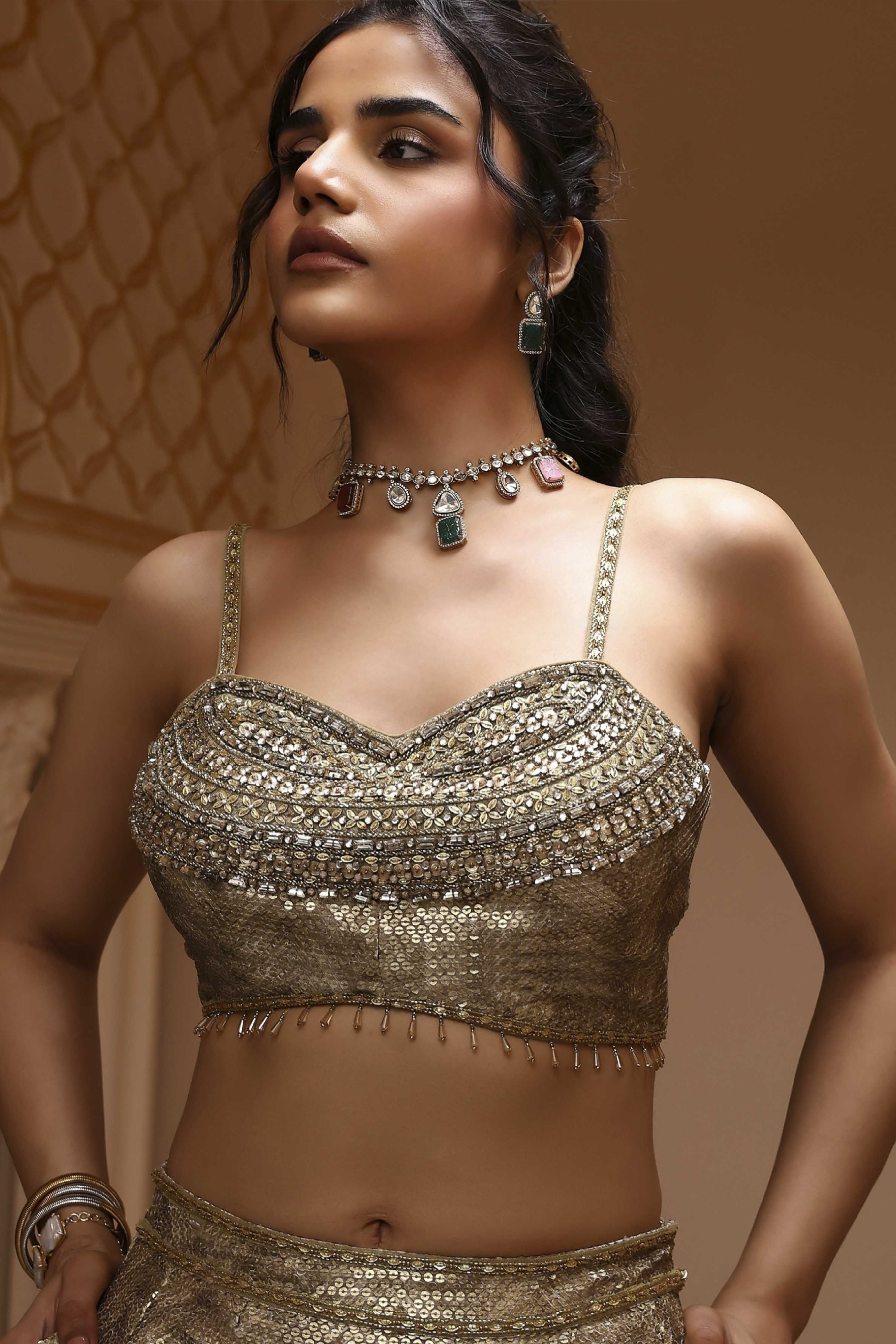 Gold-Toned Georgette Sequinned Lehenga Set image number 1
