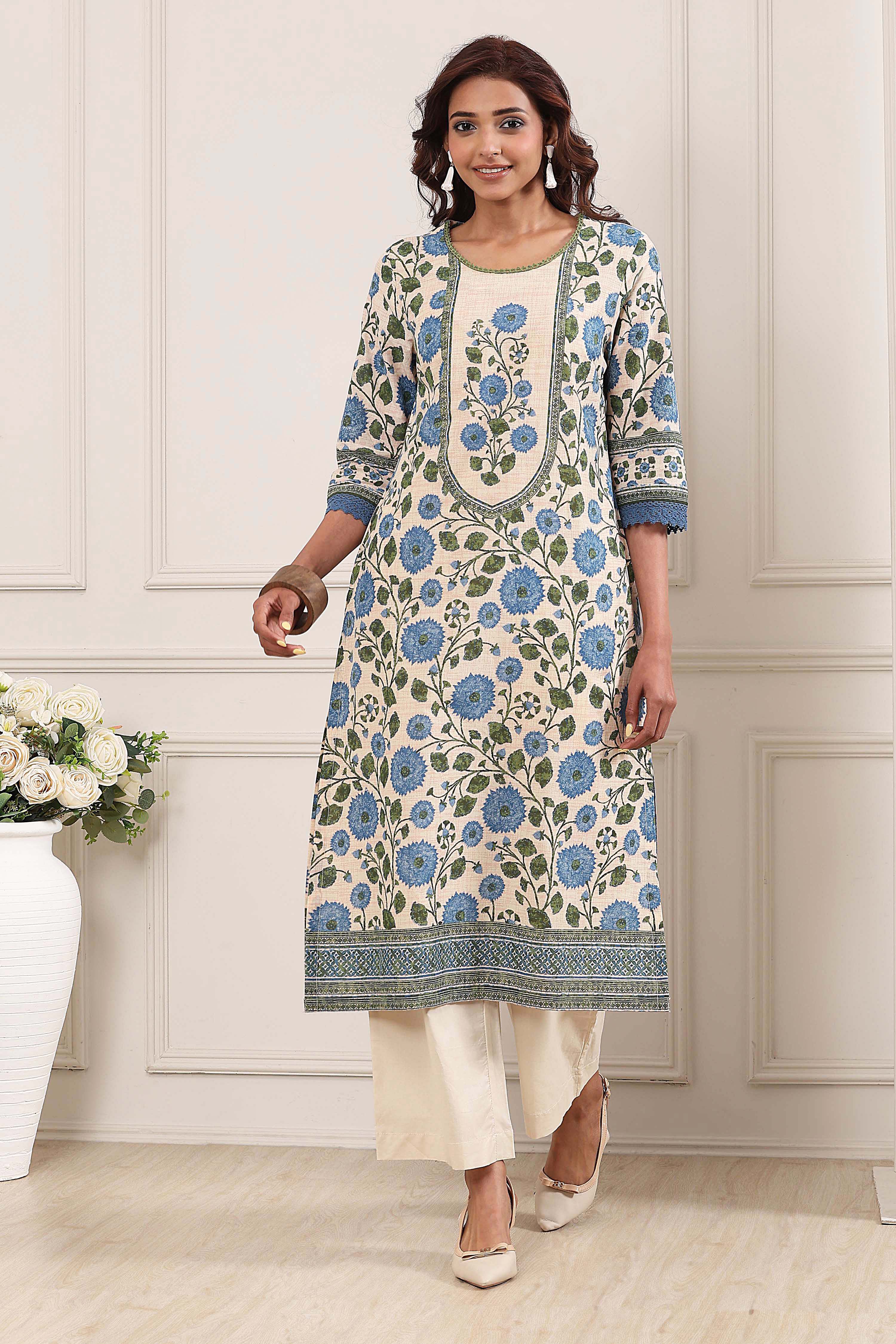 Blue Cotton Printed Straight Kurta image number 0