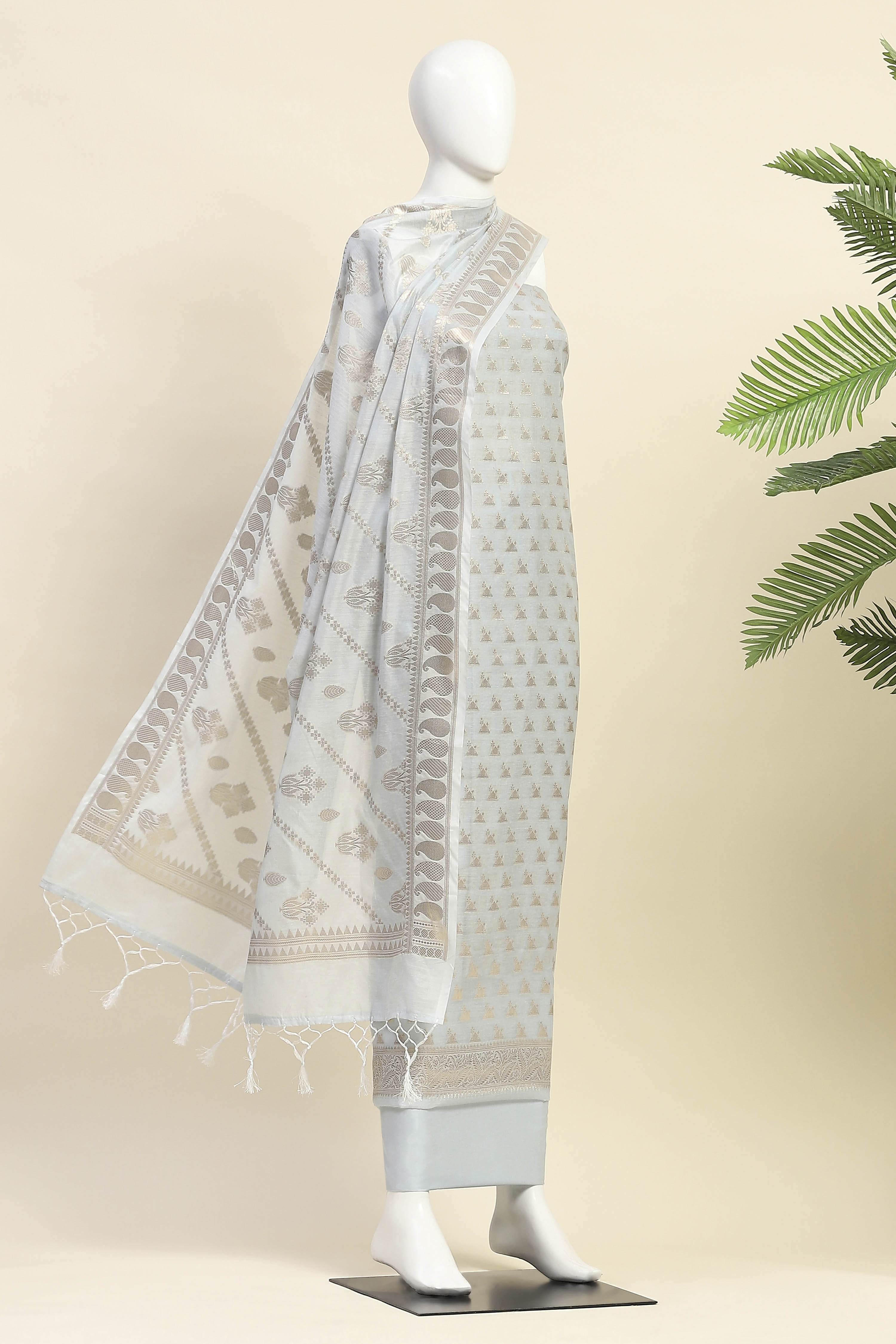 Grey Cotton Printed Embroidered Unstitched Suit Set image number 4