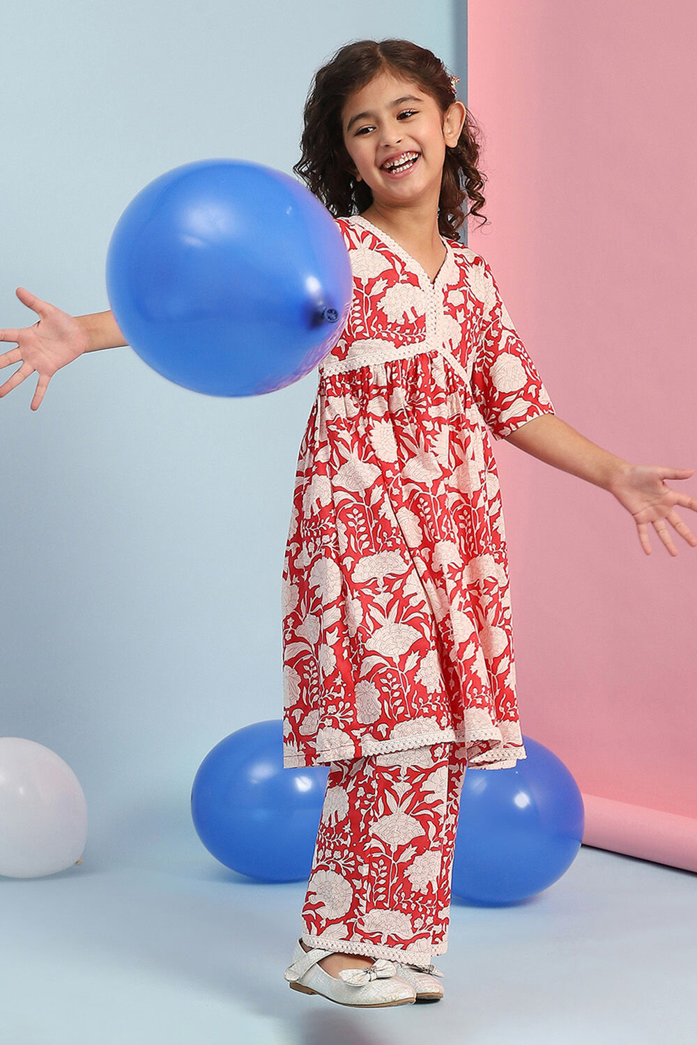 Blush Pink Cotton Printed Gathered Kurta Set image number 0