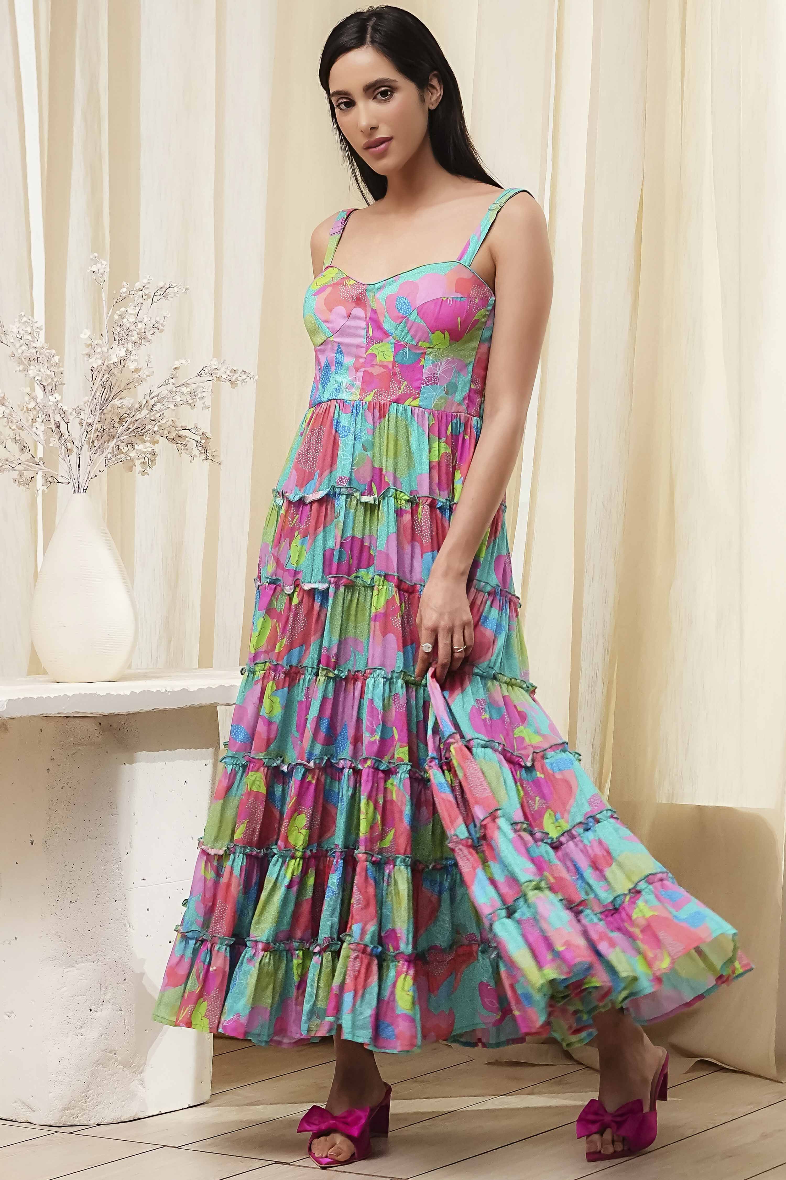 Turquoise Cotton Floral Printed Tiered Dress image number 2