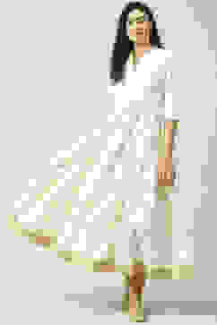 Off White Cotton Flared Fusion Printed Dress image number 0