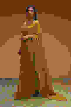 Lime Yellow Poly Chinnon Embroidered Pre-Draped Saree image number 2