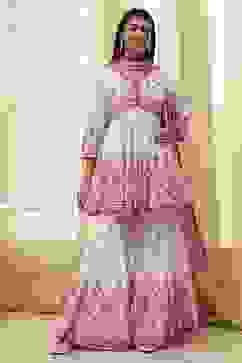 Off-White and Pink Cotton Peplum Suit Set image number 6