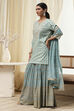 Powder Blue Embroidered Straight Suit Set image number 7