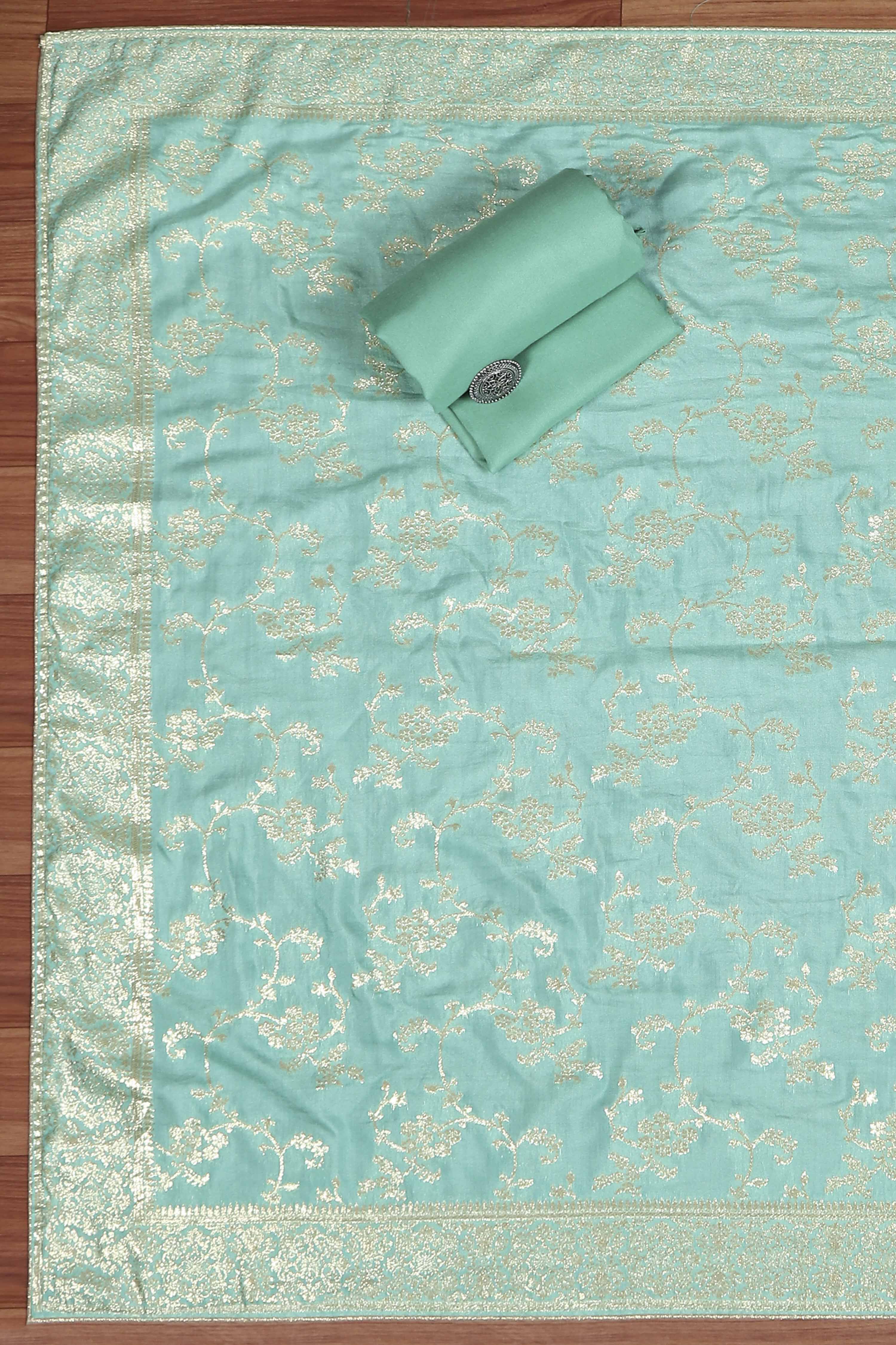 Teal Cotton Printed Embroidered Unstitched Suit Set image number 3