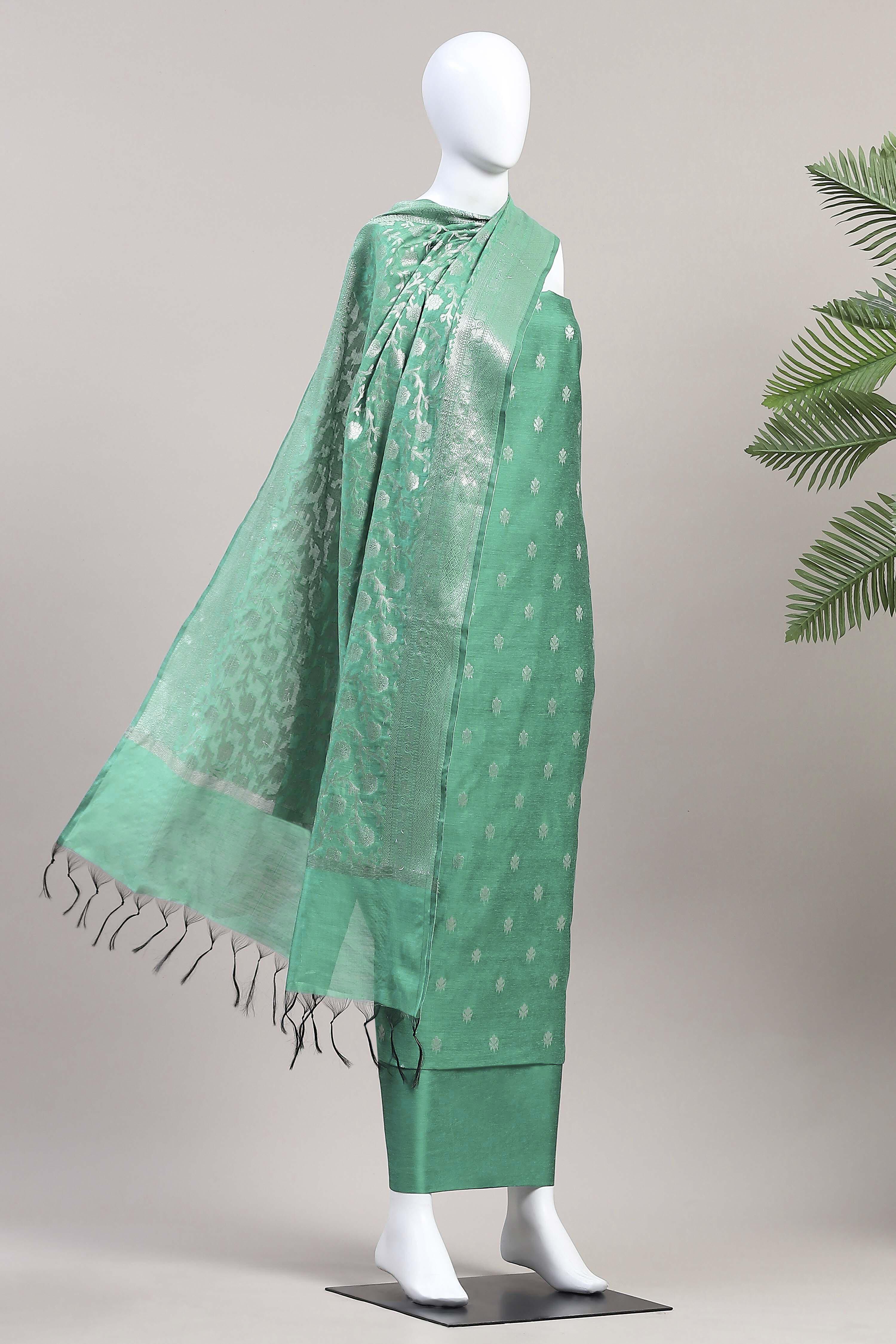 Green Cotton Printed Embroidered Unstitched Suit Set image number 4