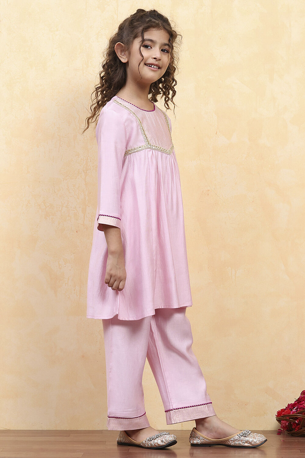 Pink Polyester Dyed Gathered Suit Set image number 5