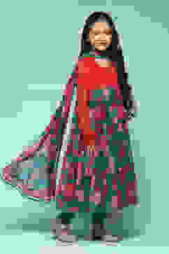 Green Poly Viscose Tiered Kurta Printed Suit Set image number 6