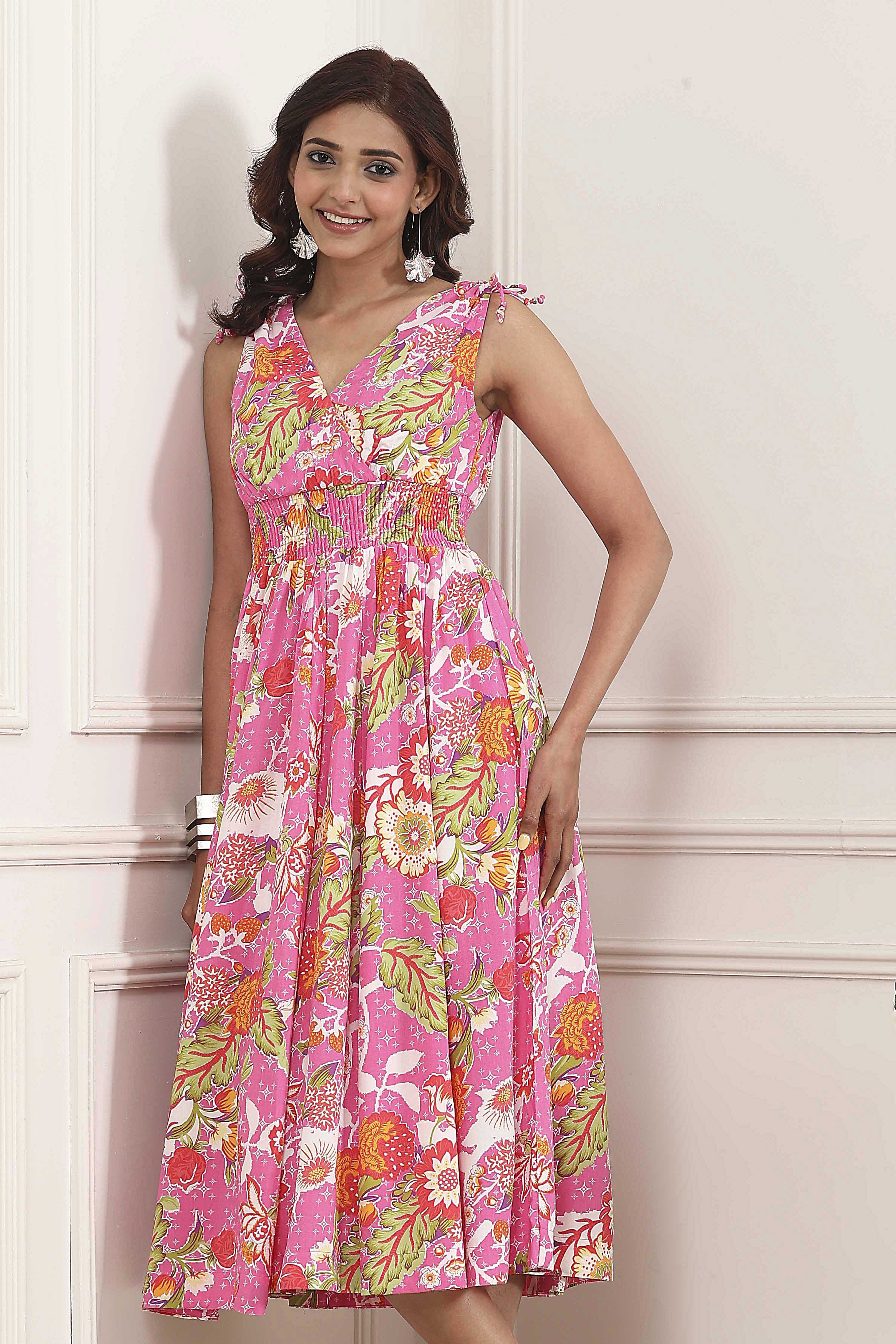 Pink Floral Printed Kalidar Flared Dress image number 6