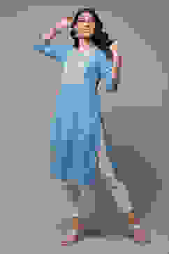 Blue Cotton Blend Straight Printed Kurta image number 0