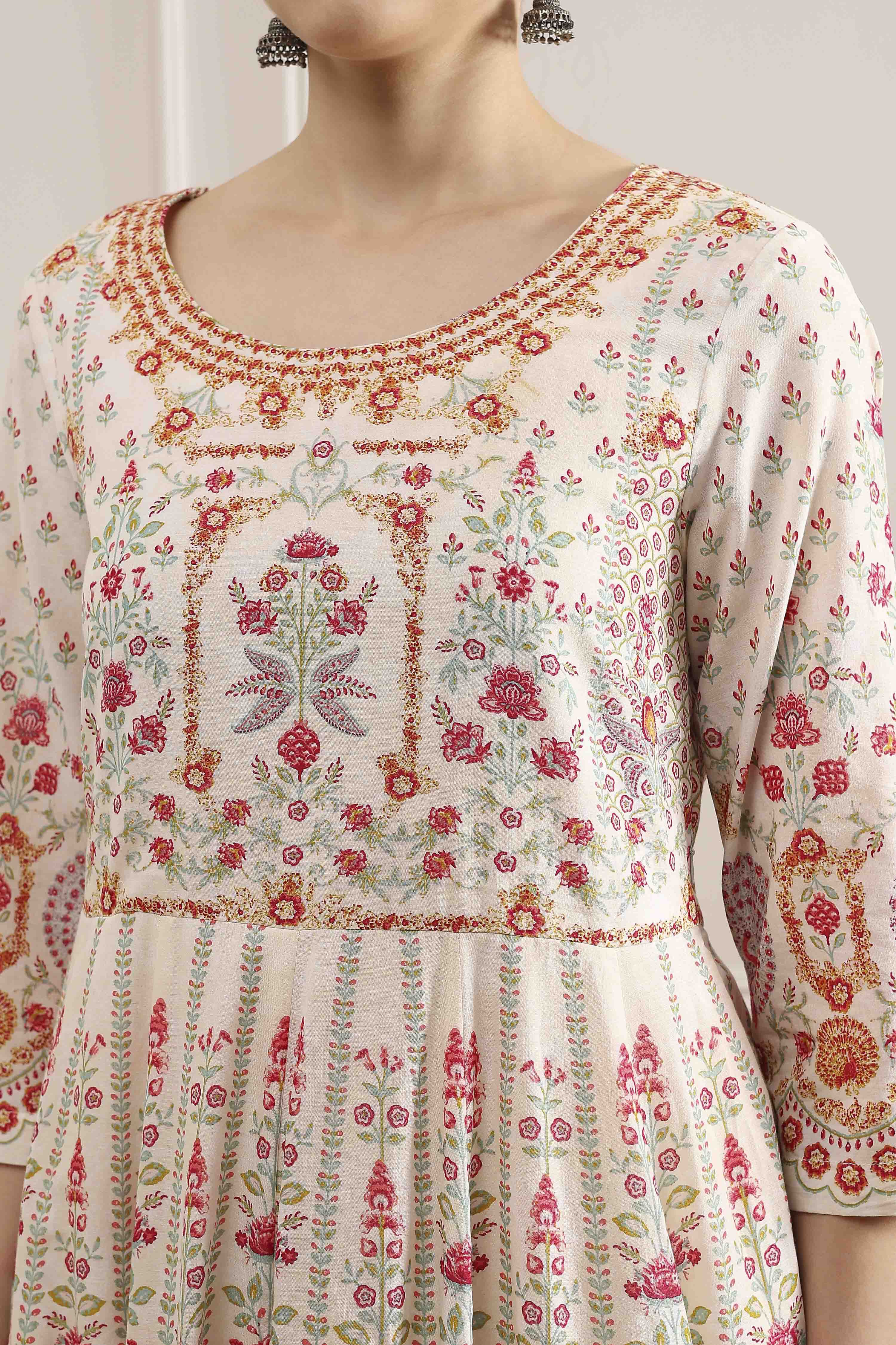 Off-White Cotton Printed Anarkali Suit Set image number 1