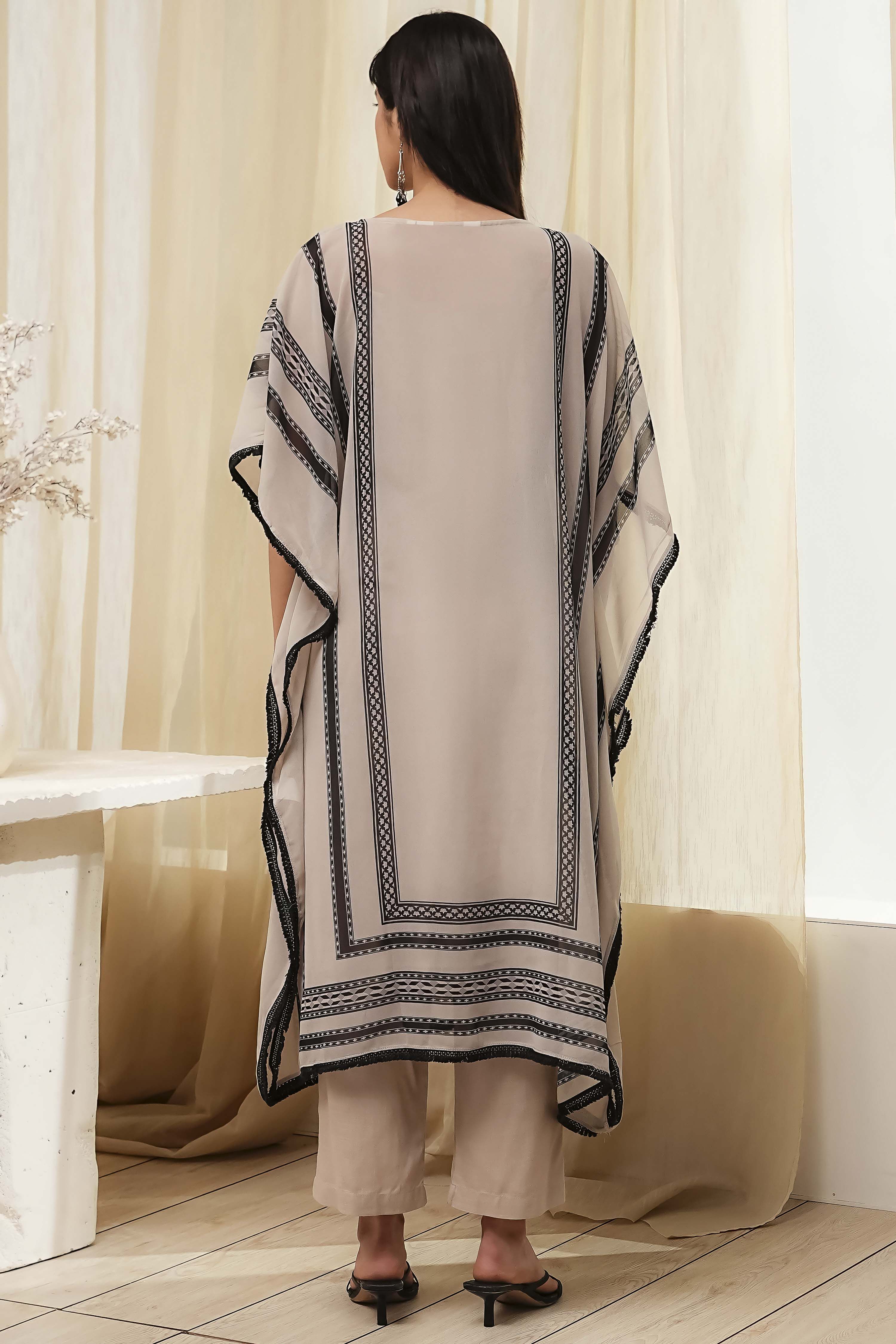 Beige and Black Printed Kaftan-Style Kurta Set image number 3