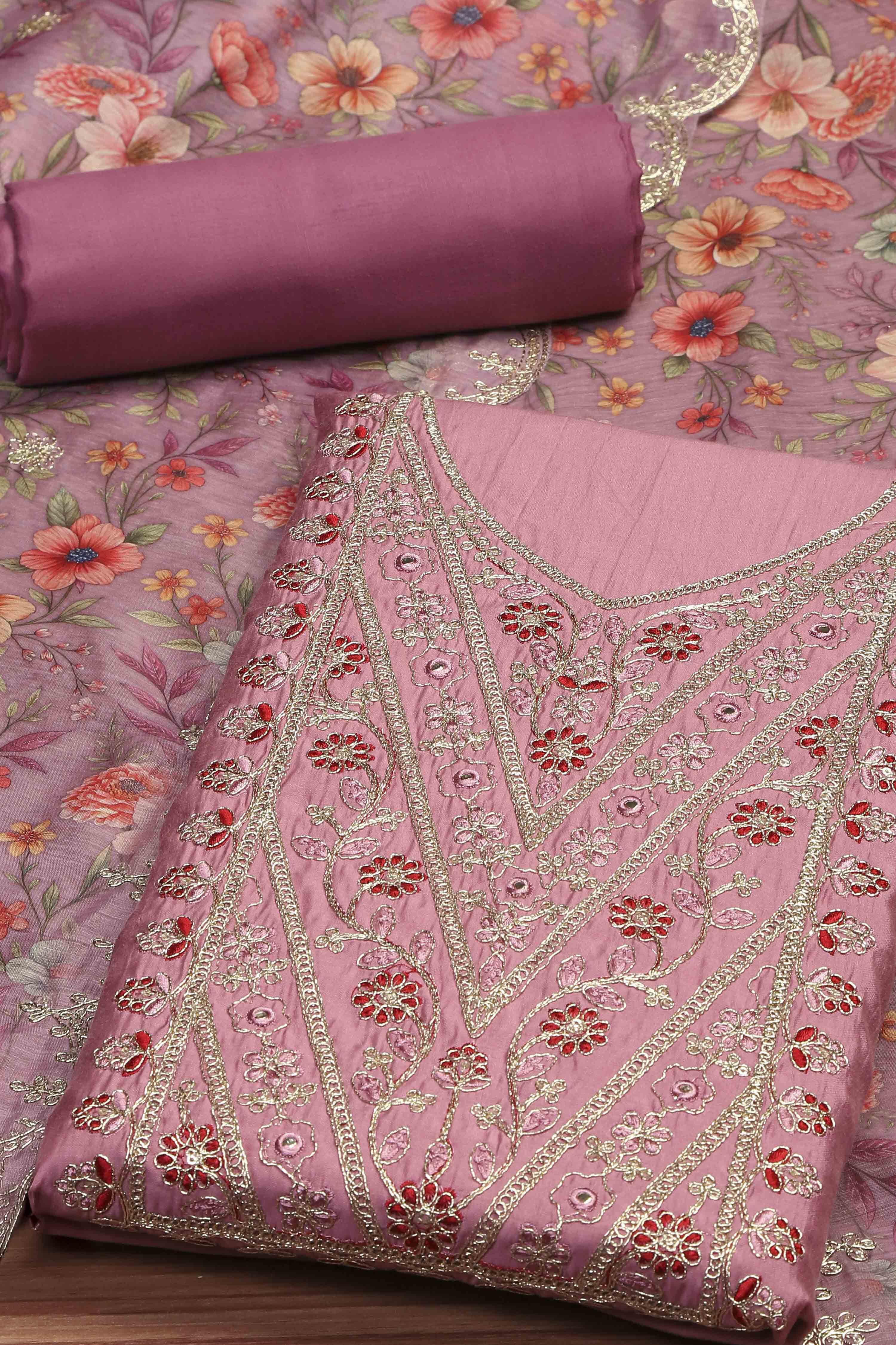 Teal Cotton Printed Embroidered Unstitched Suit Set image number 1