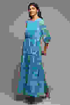 Blue Cotton Blend Tiered Printed Dress image number 2