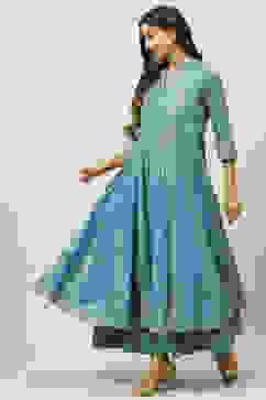 Blue Cotton Flared Fusion Printed Kurta Dress image number 2